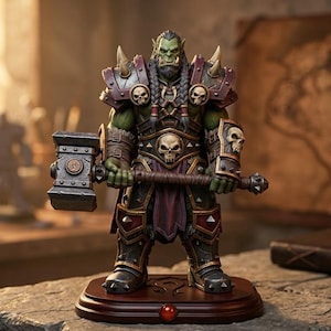 May include: A detailed figurine of an orc warrior, clad in ornate armor with skull accents, holding a large hammer. The figure is green-skinned with braided hair and stands on a wooden base. The background includes a map and other figurines.