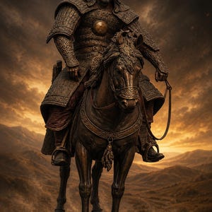 Puede incluir: Estatua de bronce de un guerrero a caballo, vestido con armadura ornamentada y casco. La estatua se alza sobre un cielo dramático y nublado y un paisaje montañoso, evocando grandeza histórica y fuerza.