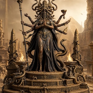 May include: A detailed digital artwork depicts a multi-armed deity statue with a headdress of snakes, holding a staff and chalice. The statue is adorned in dark clothing with gold accents, standing on a tiered platform with serpent motifs. Flames burn in decorative bowls.