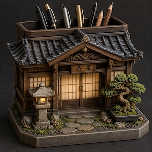 Può includere: Un organizer da scrivania a forma di casa da tè giapponese con finitura in legno scuro, tetto a tegole e porte shoji illuminate. Presenta una lanterna in pietra, un bonsai in miniatura e uno scomparto superiore per penne e matite.