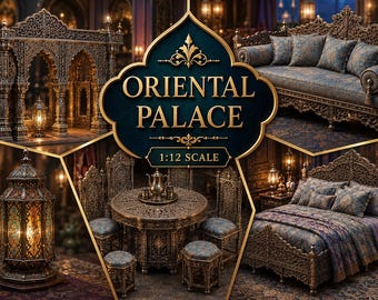1:12 オリエンタル宮殿家具バンドル STL、アラビア風ドールハウスセット、ファンタジーミニチュア装飾プリント