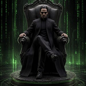 以下が含まれることがあります： 黒いロングコートとサングラスをかけた人物が、装飾された黒い玉座に座っています。玉座は、緑色の光る縁を持つ円形のプラットフォームにあります。背景には、緑色のデジタルレイン効果があります。