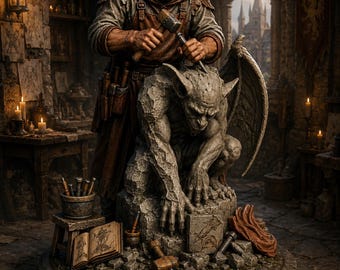 Gargoyle Sculptor STL | Gothic Master Artisan Miniature | Half-Finished Gargoyle Base | 2-Part Resin 3D Print Model | Fantasy Figure