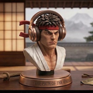 Peut inclure: Buste d'un homme avec un bandeau rouge et un casque audio, posé sur un socle en bronze. Le socle porte l'inscription "THE PATH OF THE WARRIOR". L'arrière-plan montre un intérieur de style japonais avec une montagne.