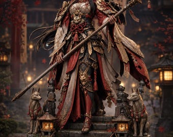 Fanciulla Guardiana del Santuario STL / Miniatura Guerriera del Tempio Kitsune / Statua femminile con Naginata e base separata per stampa 3D in resina
