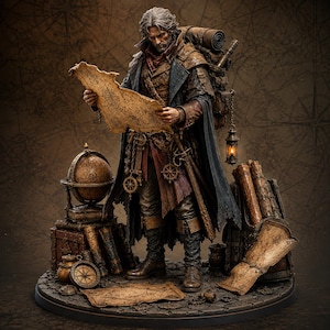 May include: A detailed figurine of a bearded explorer wearing a weathered coat and carrying a large backpack. The figure holds an aged map, standing beside a globe, a compass, and rolled parchment scrolls on a circular stone-textured base.