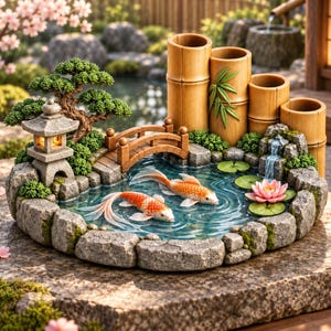 May include: A miniature garden pond feature with two orange and white koi fish, a stone lantern, a small wooden bridge, and a pink lotus flower. The pond is surrounded by grey stones and features four vertical bamboo stalks in the background.