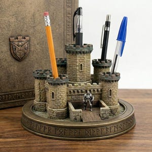May include: A castle-shaped pen and pencil holder with four turrets and a central gate, made from a stone-like material. A small knight figurine stands at the gate. A pencil and pens are in the turrets. A leather-bound book is in the background.