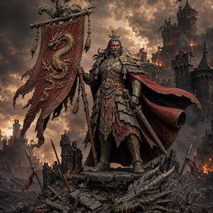May include: A detailed figurine of a warrior in ornate gold and dark metal armor, wearing a red cape and holding a tall staff with a large red banner featuring a gold dragon emblem. The warrior stands on a base with a dragon head sculpture.