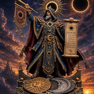 Op de afbeelding: Een gedetailleerd beeldje van een figuur in gewaad met een trompet en een perkamentrol met de tekst: HEAR YE! THE SUN SHALL BE VEILED! THE LIGHT SHALL FADE! THE ECLIPSE DRAWS NEAR! Het figuur staat op een voetstuk met een reliëf van zon en maan.