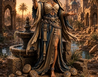 Puede incluir: Una figura detallada con los ojos vendados, vestida con túnicas superpuestas azules y beige, adornada con joyas, de pie junto a una fuente de piedra de varios niveles sobre una base circular con tallas de piedra y un emblema de estrella central.