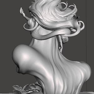 May include: A 3D-rendered sculpture of a woman with long, flowing hair and a draped gown. The figure is in a dynamic pose, with one arm raised. The sculpture is in shades of gray and sits on a base with floral details.
