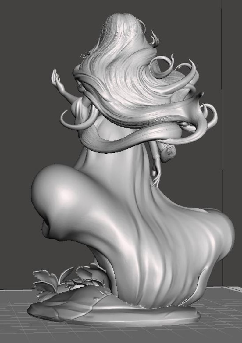 May include: A 3D-rendered sculpture of a woman with long, flowing hair and a draped gown. The figure is in a dynamic pose, with one arm raised. The sculpture is in shades of gray and sits on a base with floral details.