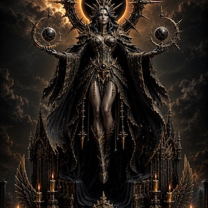 Puede incluir: Obra de arte digital que representa una figura de pelo oscuro con un vestido negro y dorado, adornada con un halo y sosteniendo orbes. La figura se alza sobre una plataforma ornamentada con velas, sobre un cielo nublado.
