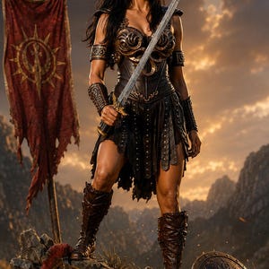 May include: A warrior figure with long dark hair wearing dark brown leather armour, a breastplate with circular patterns, arm bracers, and tall boots. The figure holds a silver sword and stands near a red banner, a metal helmet, and a round shield.