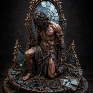 May include: A detailed sculpture of a muscular figure kneeling on a circular base, draped in a dark cloth, and bound by metal chains. The figure is positioned before a large, ornate, cracked mirror frame with gold-toned accents and dark details.