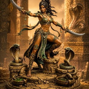May include: A detailed figurine of a warrior with dark hair in a high ponytail, wearing green and gold armour, holding two curved swords. The figure stands on a stone base with two cobra statues and two small bowls containing green liquid.