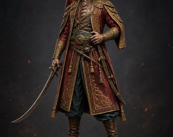 Osmanischer Janitscharenhauptmann STL – Historischer Elitekrieger, Soldat mit Krummschwert, 3D-druckbare Figur mit Sockel