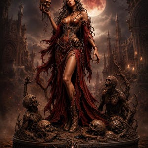 Peut inclure: Une œuvre d'art numérique représentant une femme en robe rouge tenant un crâne, avec un fond de château gothique sombre. L'œuvre présente une couronne, des détails de chaînes et une atmosphère dramatique et menaçante.