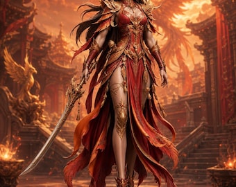 Phoenix Blade Priestess STL – Red Gold Fantasy Warrior, Elegant Female Saber Fighter, 3D Printable Figure with Base