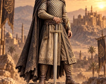 May include: A detailed figurine of a warrior wearing a metallic helmet, chainmail, and a long dark cloak. The figure stands on a circular stone-textured base, holding a long sword with both hands, dressed in layered tan and gold-toned armor.