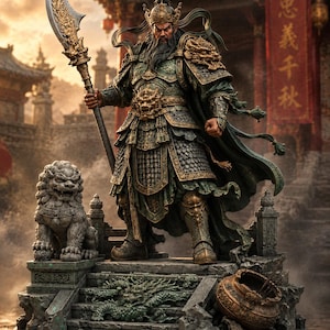 Jade Temple Guardian STL | Miniatyr av östlig krigare som väktare | Figur i två delar och scenisk bas för 3D-utskrift i harts
