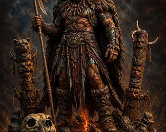 Tótem del Oso Jefe STL / Miniatura de Señor de la Guerra Tribal / Estatua de Coleccionista de Fantasía Oscura para Impresión 3D en Resina