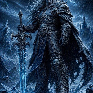 May include: A digital illustration of a warrior in dark armour, holding a glowing blue sword. The warrior has long white hair and stands in a snowy, mountainous landscape. The armour features skull details and a flowing cape, with a castle in the background.