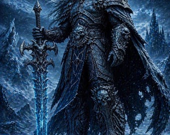 May include: A digital illustration of a warrior in dark armor, holding a glowing blue sword. The warrior has long white hair and stands in a snowy, mountainous landscape. The armor features skull details and a flowing cape, with a castle in the background.
