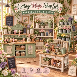 May include: A digital 3D model set titled Cottage Florist Shop Set featuring four pieces of miniature furniture including a florist workbench, a tall shelving unit, a tiered flower display stand, and a small table with various floral arrangements.