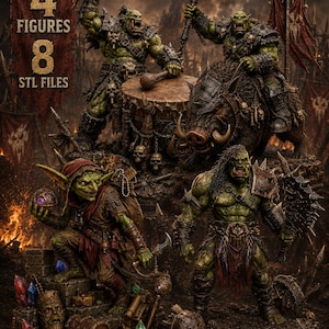 Könnte beinhalten: Vier grüne Ork- und Goblin-Fantasyfiguren mit detaillierter Rüstung, Waffen und einem Wildschwein-Reittier. Die Szene enthält eine Trommel, Schätze und Kristalle. Der Text links lautet 4 FIGURES 8 STL FILES. Die Figuren befinden sich in einer dunklen Umgebung.