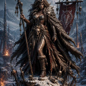 May include: A digital illustration of a warrior in a snowy mountain scene. The warrior wears detailed armour and a fur cloak, holding a spear. A banner with a wolf emblem is visible in the background.