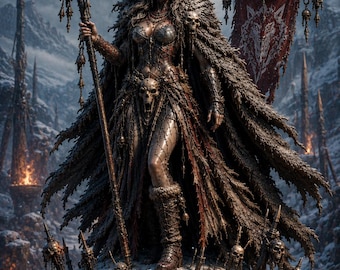 Wolf Cult Matriarch STL File – Dark Fantasy Tribal Queen Statue with Snow Bone Base – Resin Miniature for 3D Printing