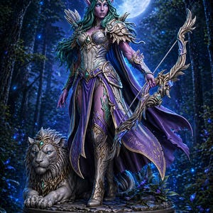Puede incluir: Estatua de fantasía de una arquera elfa con cabello verde, que lleva una armadura ornamentada y una capa púrpura fluida, sosteniendo un arco. Una estatua de león descansa a sus pies. El fondo presenta un bosque y una luna llena.