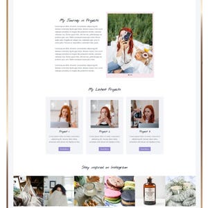 May include: A digital tablet displaying a website layout titled Carolyn. The page features a navigation menu, a blog section with text and images of a person, a projects section with three thumbnails, and an Instagram feed with various lifestyle photos.