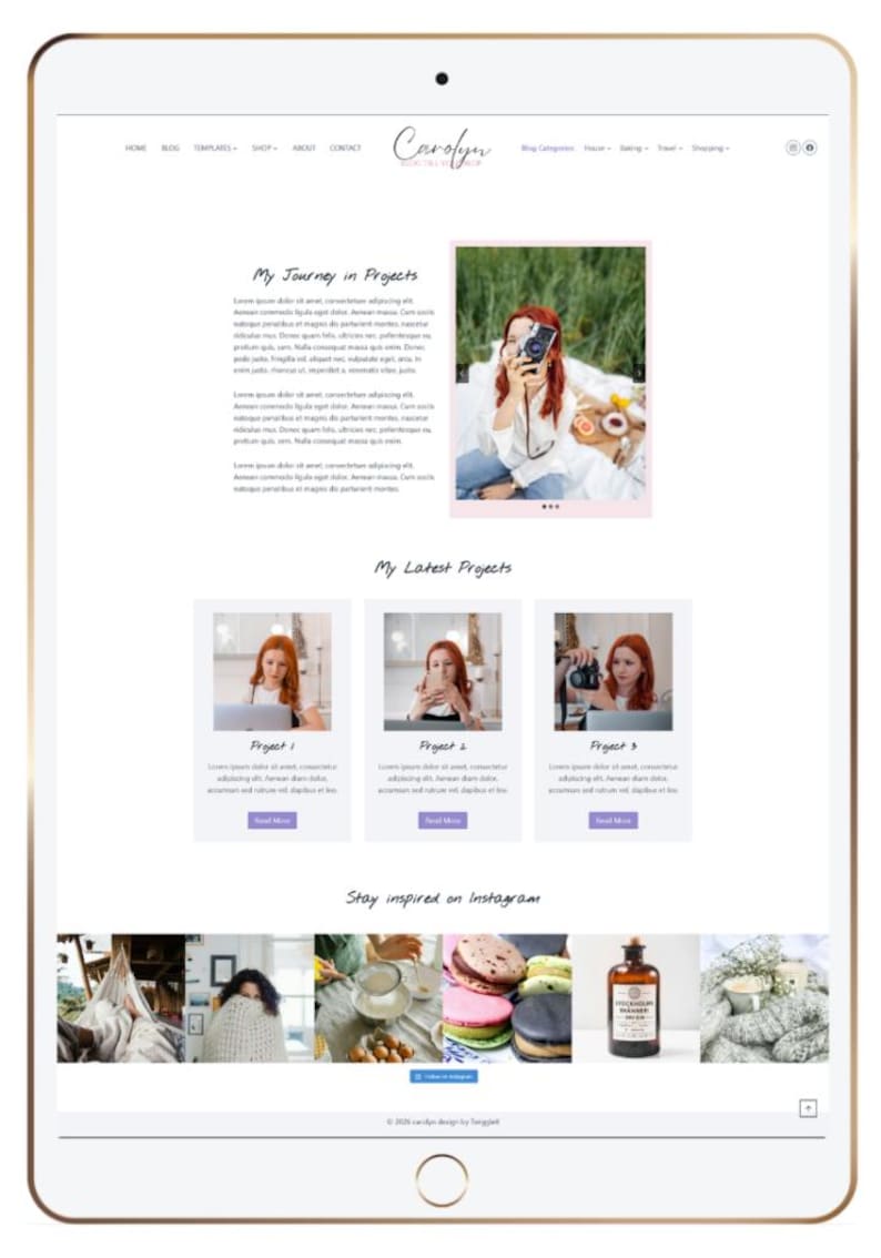 May include: A digital tablet displaying a website layout titled Carolyn. The page features a navigation menu, a blog section with text and images of a person, a projects section with three thumbnails, and an Instagram feed with various lifestyle photos.