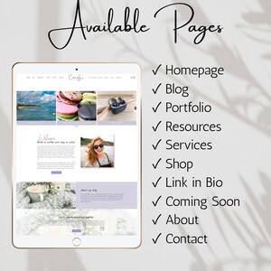 May include: A digital tablet displaying a website layout with the text Available Pages followed by a list including Homepage, Blog, Portfolio, Resources, Services, Shop, Link in Bio, Coming Soon, About, and Contact with checkmarks next to each.