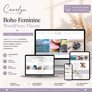 May include: A digital display of the Carolyn by Twigglex WordPress theme featuring a desktop monitor, a laptop, and a tablet showing website layouts with imagery of macarons and coastal scenes. Text includes "Boho Feminine WordPress Theme" and "WATCH LIVE DEMO carolyn.twigglex.com".