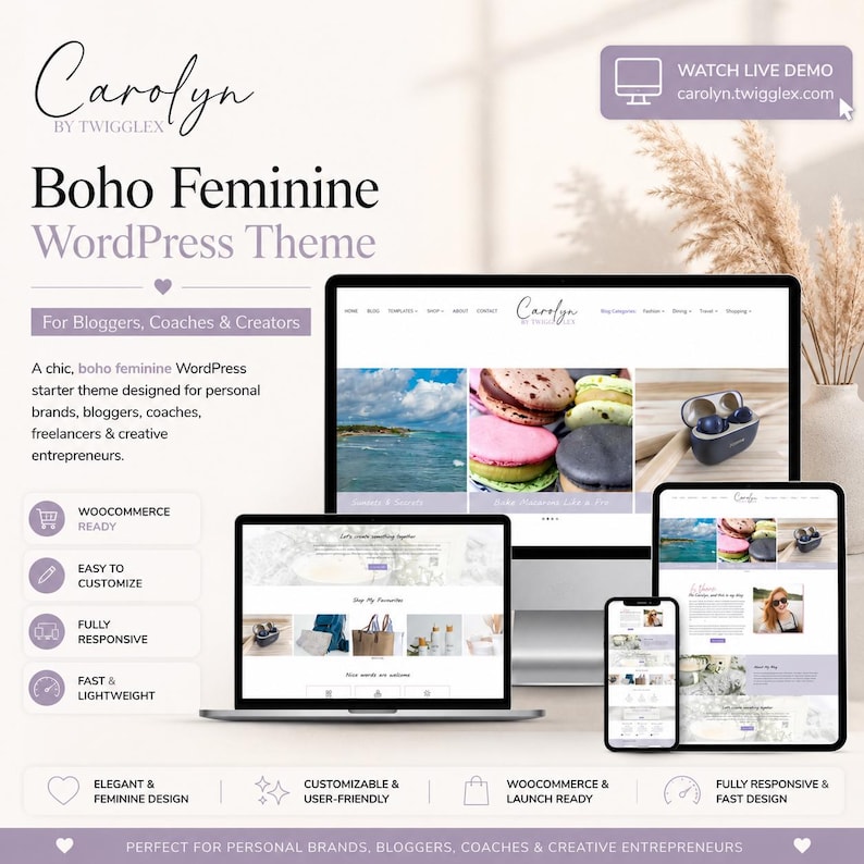 May include: A digital display of the Carolyn by Twigglex WordPress theme featuring a desktop monitor, a laptop, and a tablet showing website layouts with imagery of macarons and coastal scenes. Text includes "Boho Feminine WordPress Theme" and "WATCH LIVE DEMO carolyn.twigglex.com".