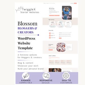 Op de afbeelding: Een digitaal website-template-ontwerp genaamd TwiggleX Blossom voor bloggers en makers. Het ontwerp heeft een witte achtergrond met zwarte tekst, zachtroze accenten en secties voor sociale media-statistieken, over mij, klantbeoordelingen en diensten.