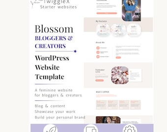 Puede incluir: Un diseño de plantilla de sitio web titulado TwiggleX Blossom para blogueros y creadores. El diseño presenta un fondo blanco con texto negro, acentos rosa suave y secciones para estadísticas de redes sociales, sobre mí, testimonios y servicios.