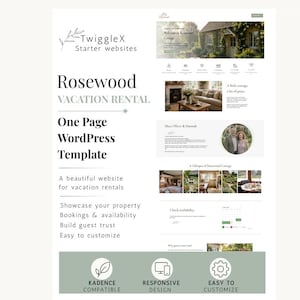 May include: A digital product display for a Rosewood Vacation Rental one-page WordPress template by TwiggleX. The layout features a website preview with a cottage image, booking sections, host profiles, and a gallery. Includes icons for Kadence compatibility, responsive design, and customisation.