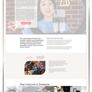 May include: A digital tablet displays a website with the text "Meet Blossom" and a photo of a woman with a ring light. The website promotes photography, digital content creation, and social media. The tablet also shows the text "Stay inspired on Instagram."
