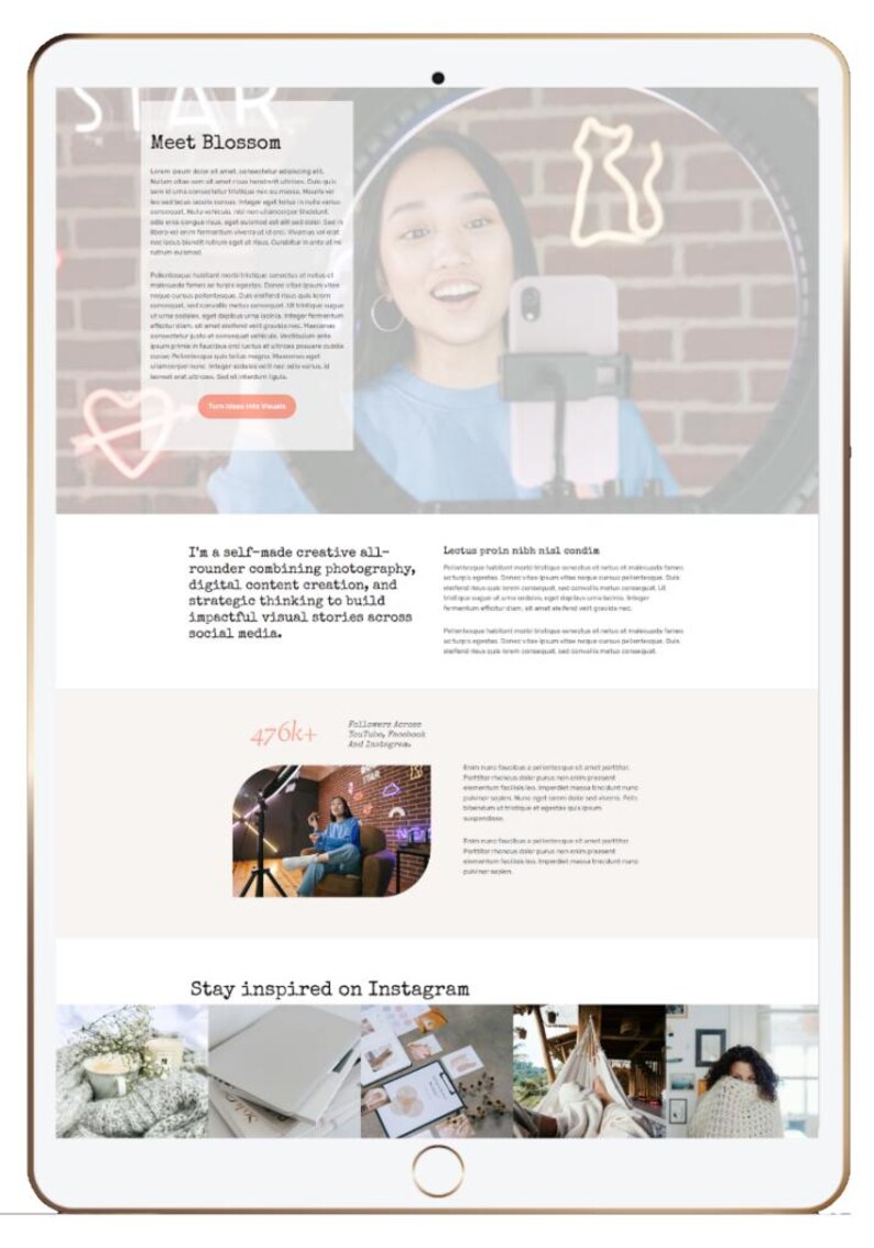 May include: A digital tablet displays a website with the text "Meet Blossom" and a photo of a woman with a ring light. The website promotes photography, digital content creation, and social media. The tablet also shows the text "Stay inspired on Instagram."