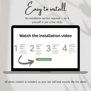 May include: A laptop screen displaying a four-step installation guide for the Kadence Theme. The text reads Easy to install, Watch the installation video, and outlines steps 1 through 4 with a button labeled Watch Step-By-Step Video.