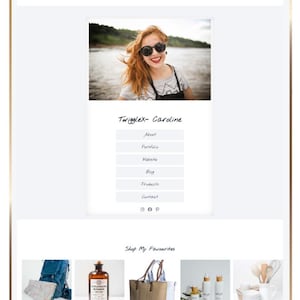 May include: A digital tablet screen displaying a website layout with a header featuring the name Carolyn, a central photograph of a person, a navigation menu with links like About and Portfolio, and a Shop My Favourites section with product images.