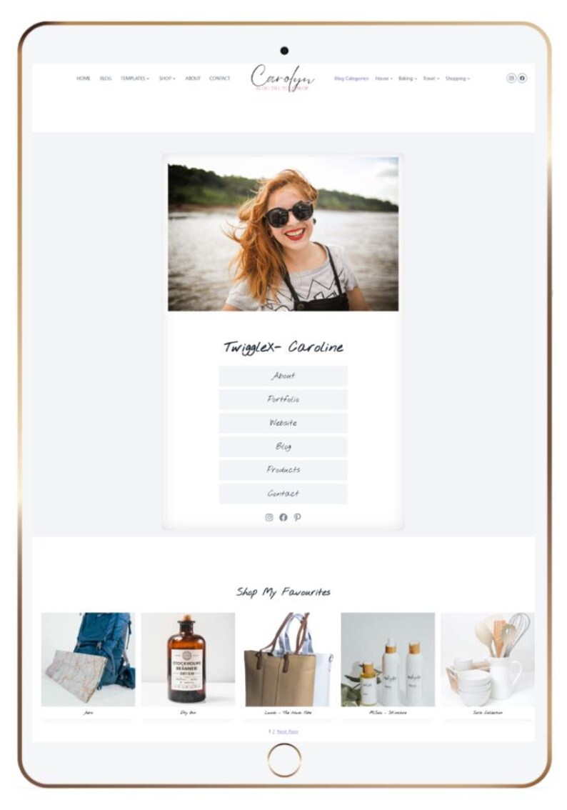May include: A digital tablet screen displaying a website layout with a header featuring the name Carolyn, a central photograph of a person, a navigation menu with links like About and Portfolio, and a Shop My Favourites section with product images.
