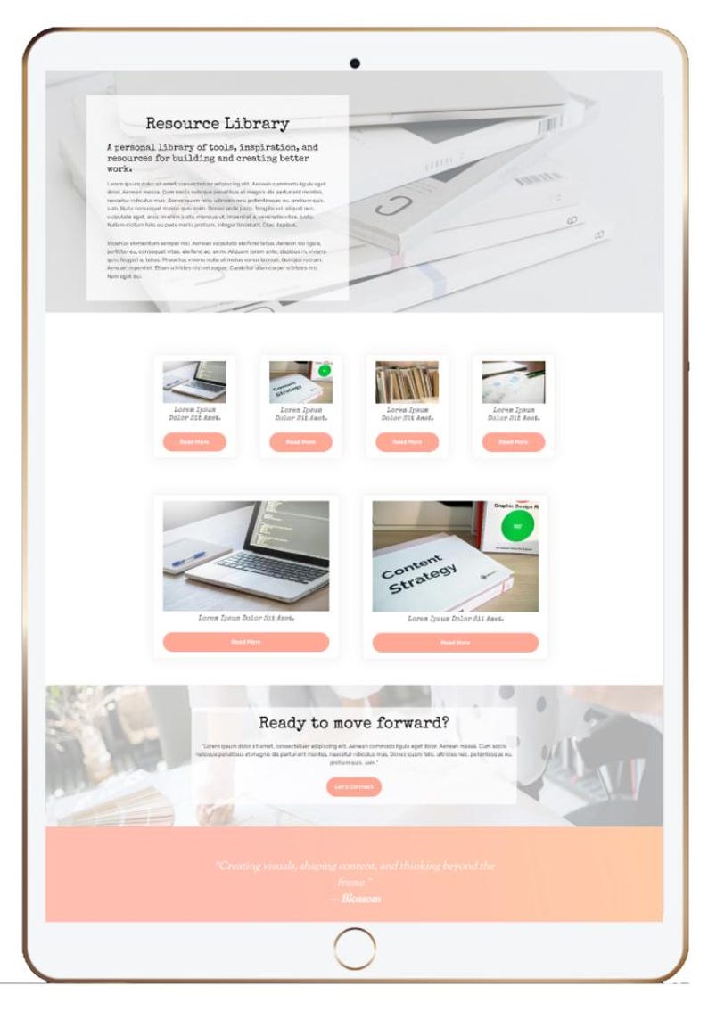 May include: A digital tablet displaying a website interface with the title "Resource Library." The page features text, images, and buttons, including the words "Content Strategy." The design has a clean, modern aesthetic with a peach and white color scheme.