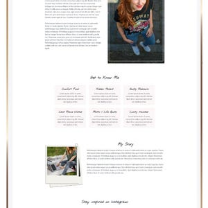 May include: A digital tablet screen displaying a website layout titled Meet Carolyn, featuring a photograph of a person with red hair, a black graphic t-shirt, and blue jeans, followed by sections titled Get to Know Me, My Story, and Stay inspired on Instagram.