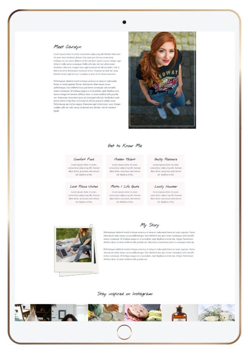 May include: A digital tablet screen displaying a website layout titled Meet Carolyn, featuring a photograph of a person with red hair, a black graphic t-shirt, and blue jeans, followed by sections titled Get to Know Me, My Story, and Stay inspired on Instagram.